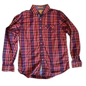 Tommy Bahama Jeans Men’s L Plaid Button Down Shirt Red Purple Roll Tab Casual